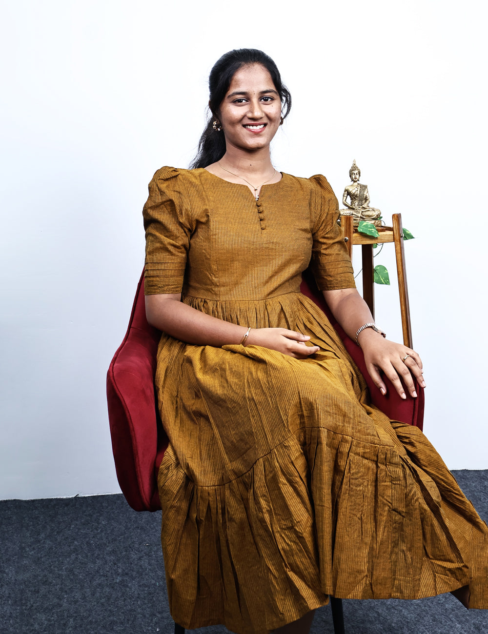 Mustard Cotton with Lurex Pinstripe Maxi Dress