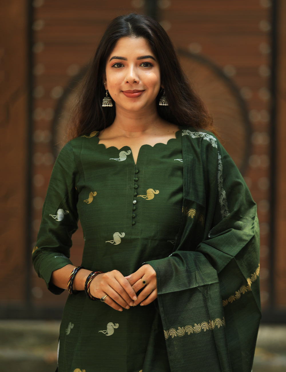 Dark Green Raw Silk Kurti Set with Woven Dupatta