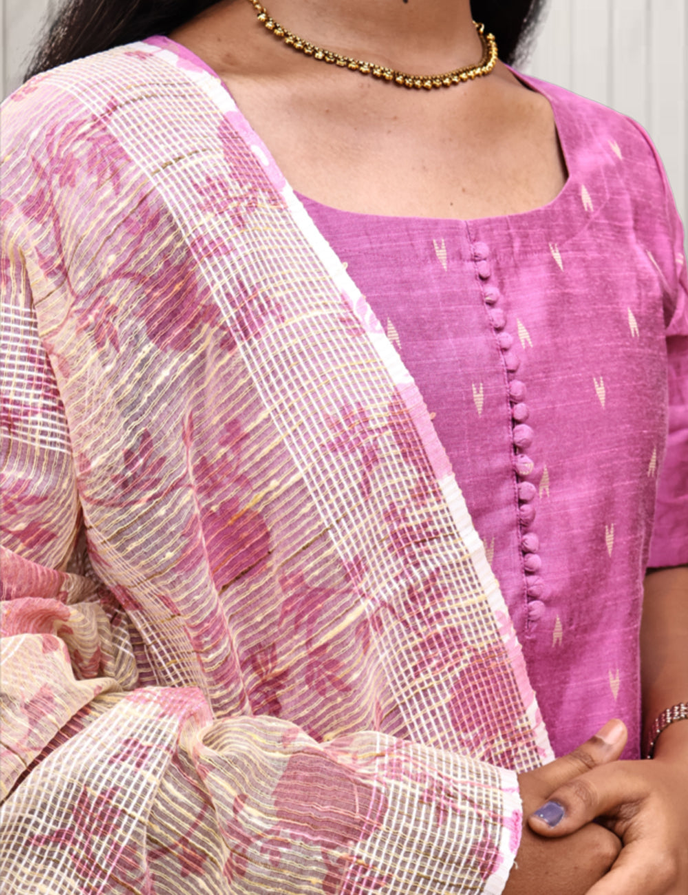 Baby Pink Raw Silk Kurti set with Kota Doria Dupatta