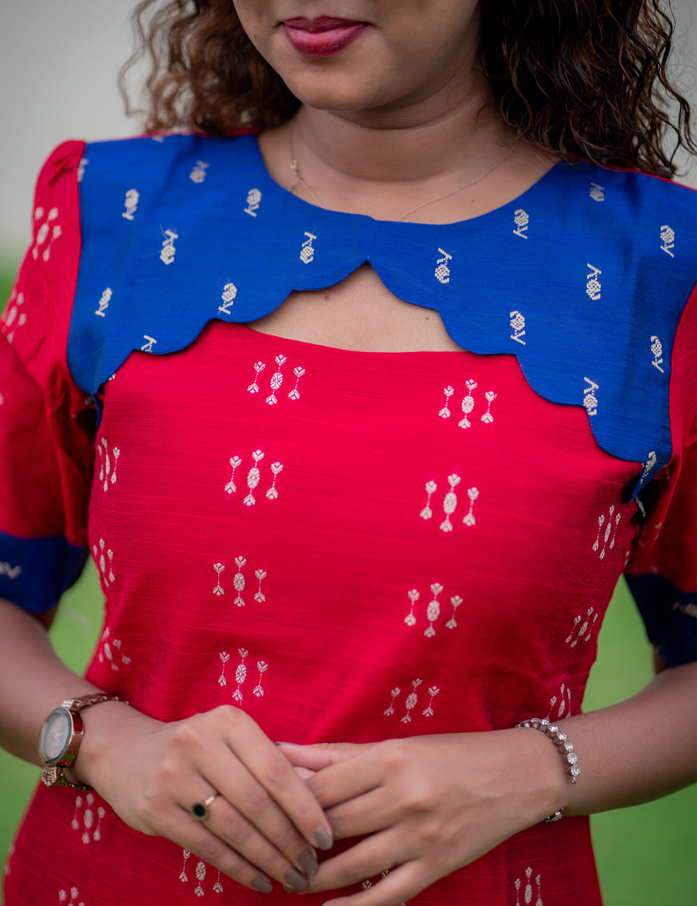 CRIMSON RED WITH ROYAL BLUE RAWSILK LAASYA KURTI SET 2PC