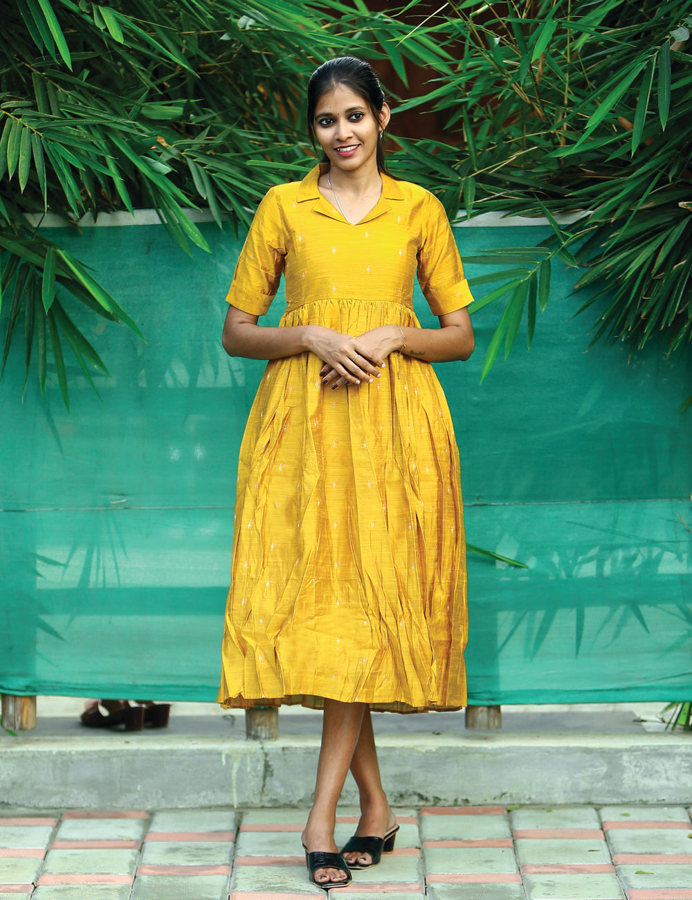 Mustard Yellow Pleated Midi Dress for Women