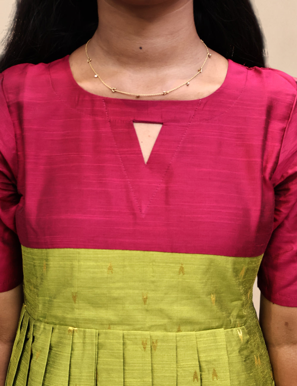 Leaf Green & Magenta Raw Silk Festive Frock