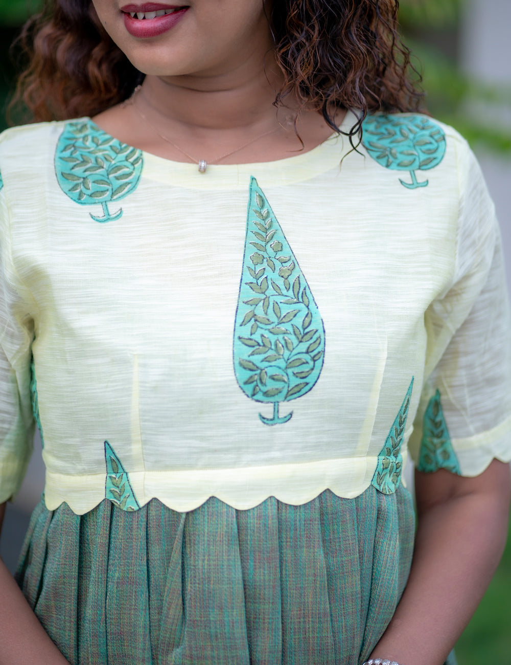 GREEN MELANGE SLUBSILK WITH IVORY CHANDERI SILK ZARA FULL FROCK