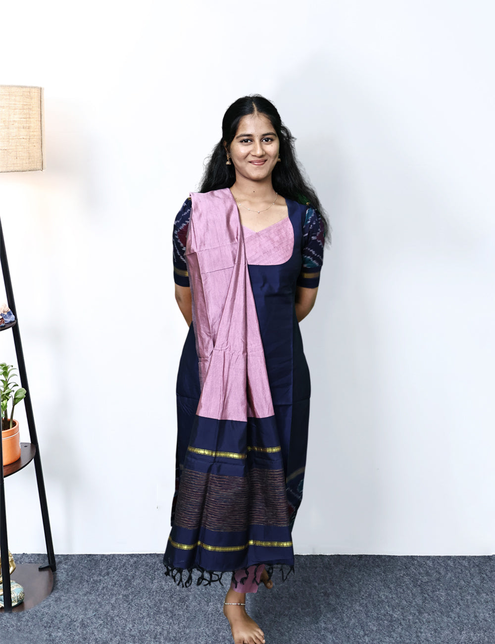 Navy Blue Pochampally Siko Silk Kurti Set with Pink Dupatta
