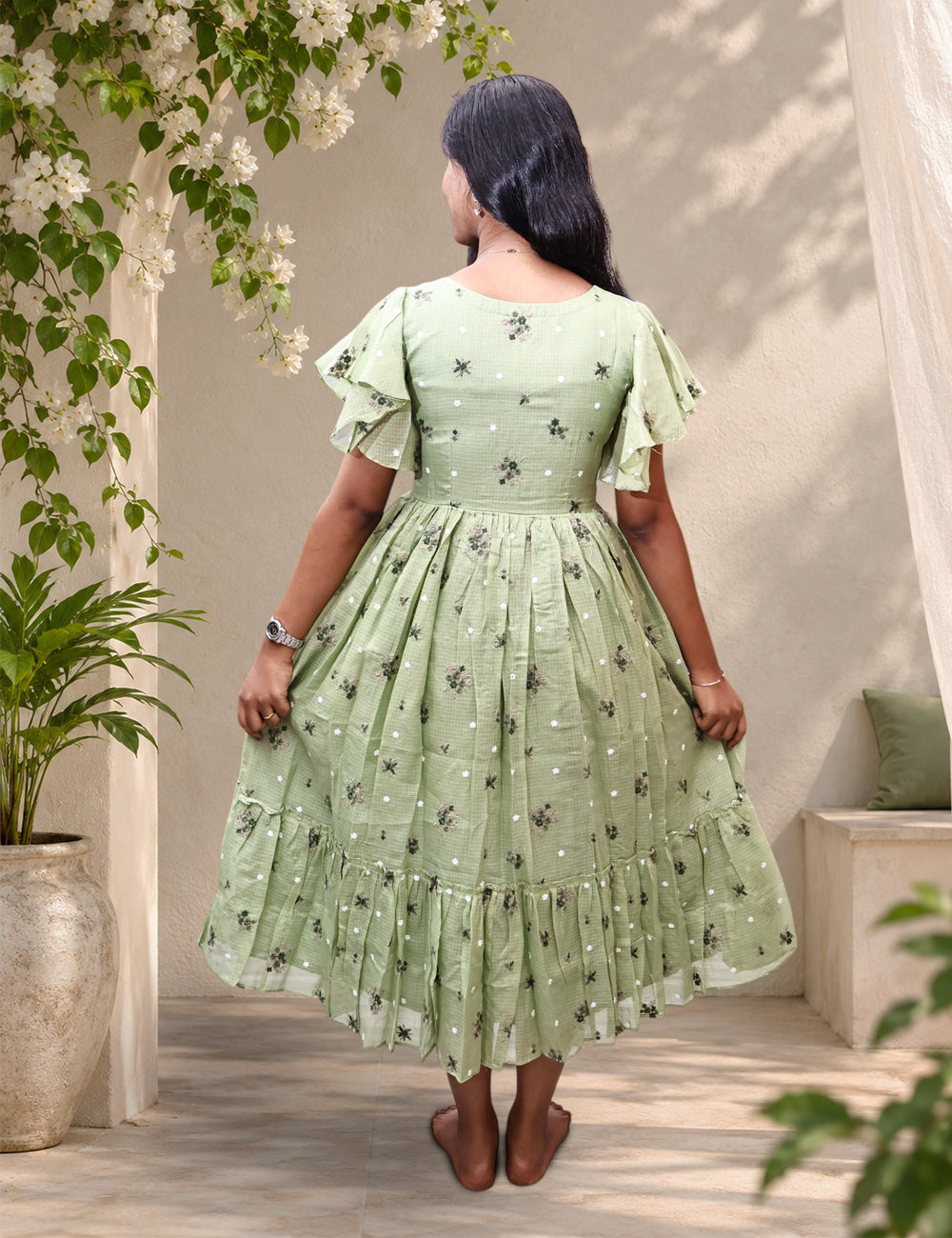 Pista Green Floral Kota Cotton Maxi Dress
