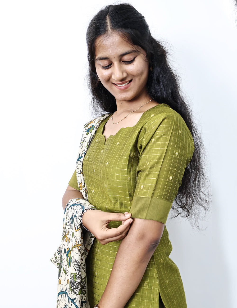 Olive Green Raw Silk Kurti Set with Printed Dupatta