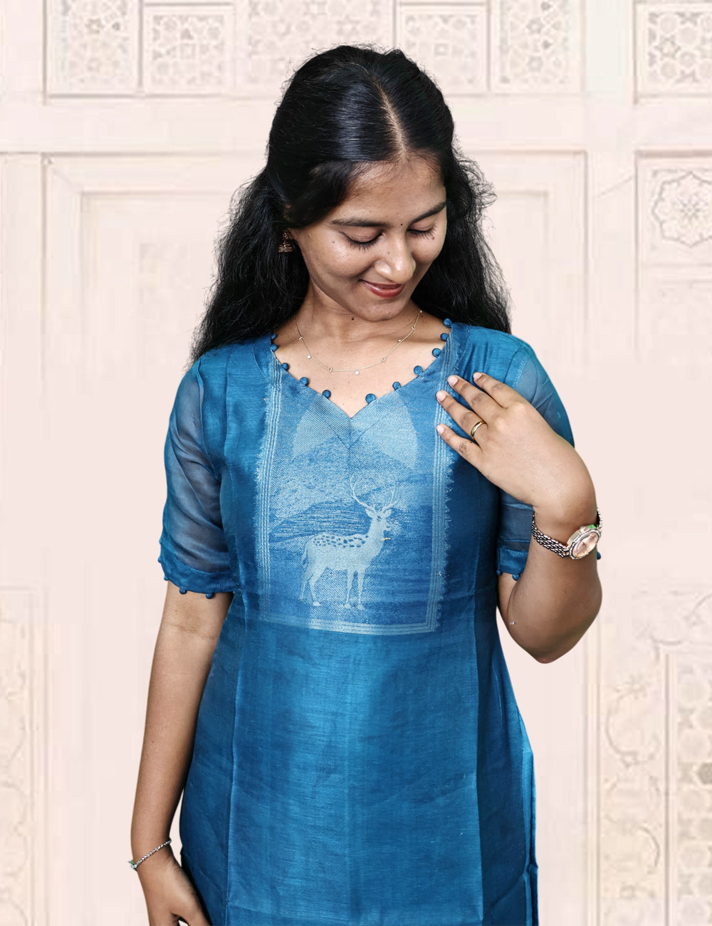 Teal Blue Deer Motif Kurti and Dupatta Set