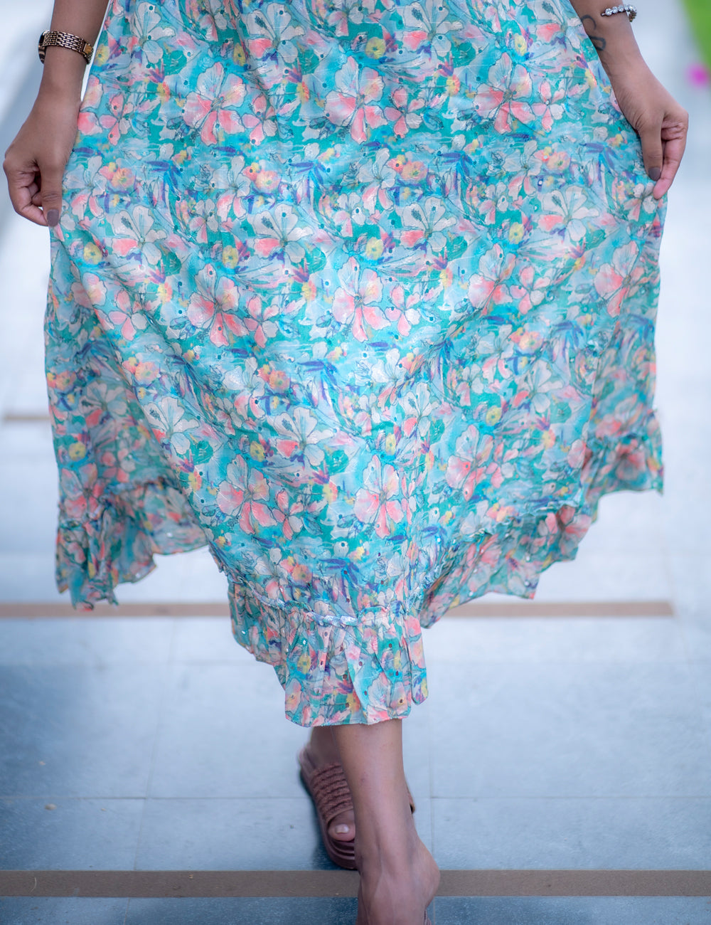 COOL GREEN FLORAL HAKOBA CHARM A LINE MAXI