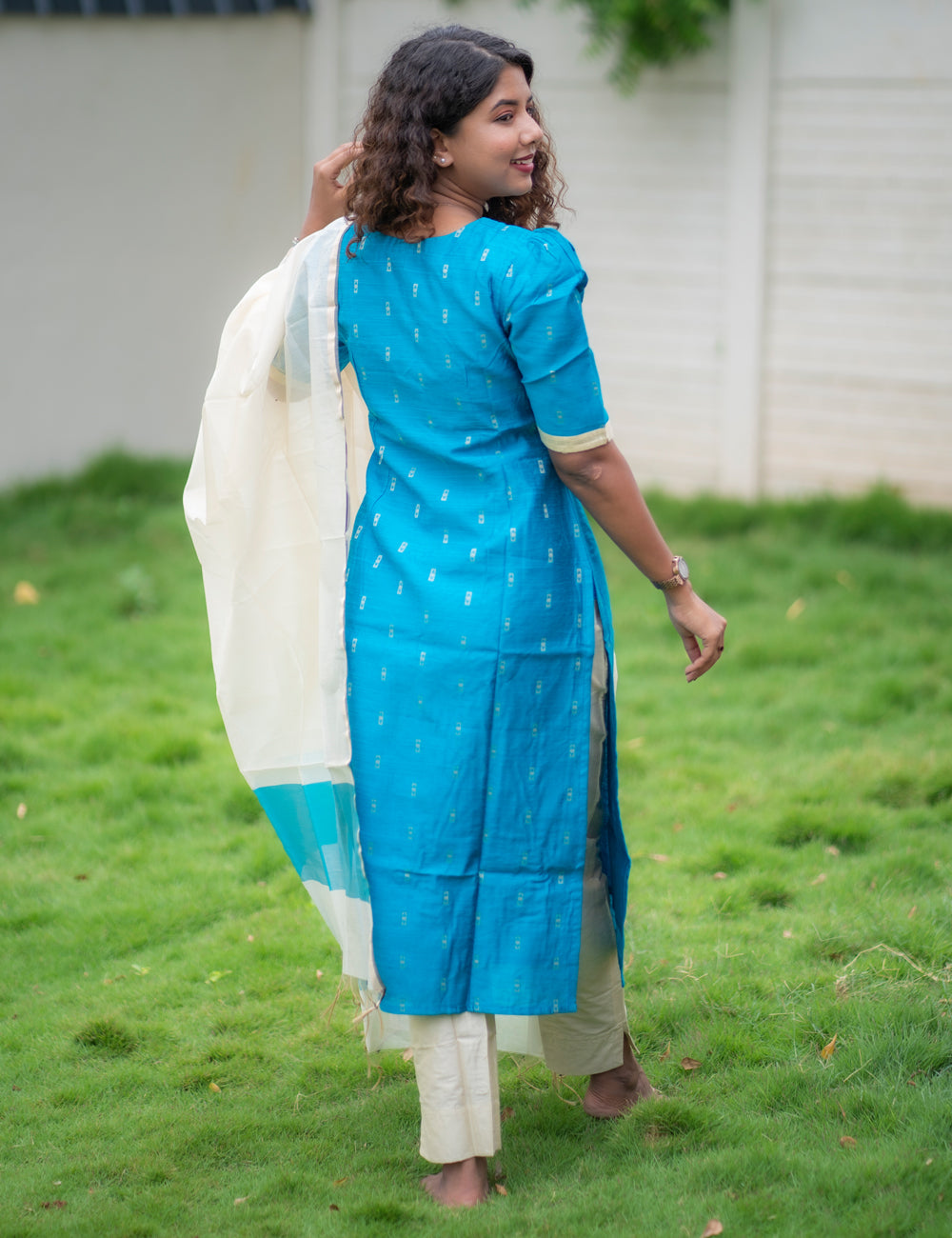 TEAL BLUE RAWSILK BUTTA DIVYA KURTI SET 3 PCS