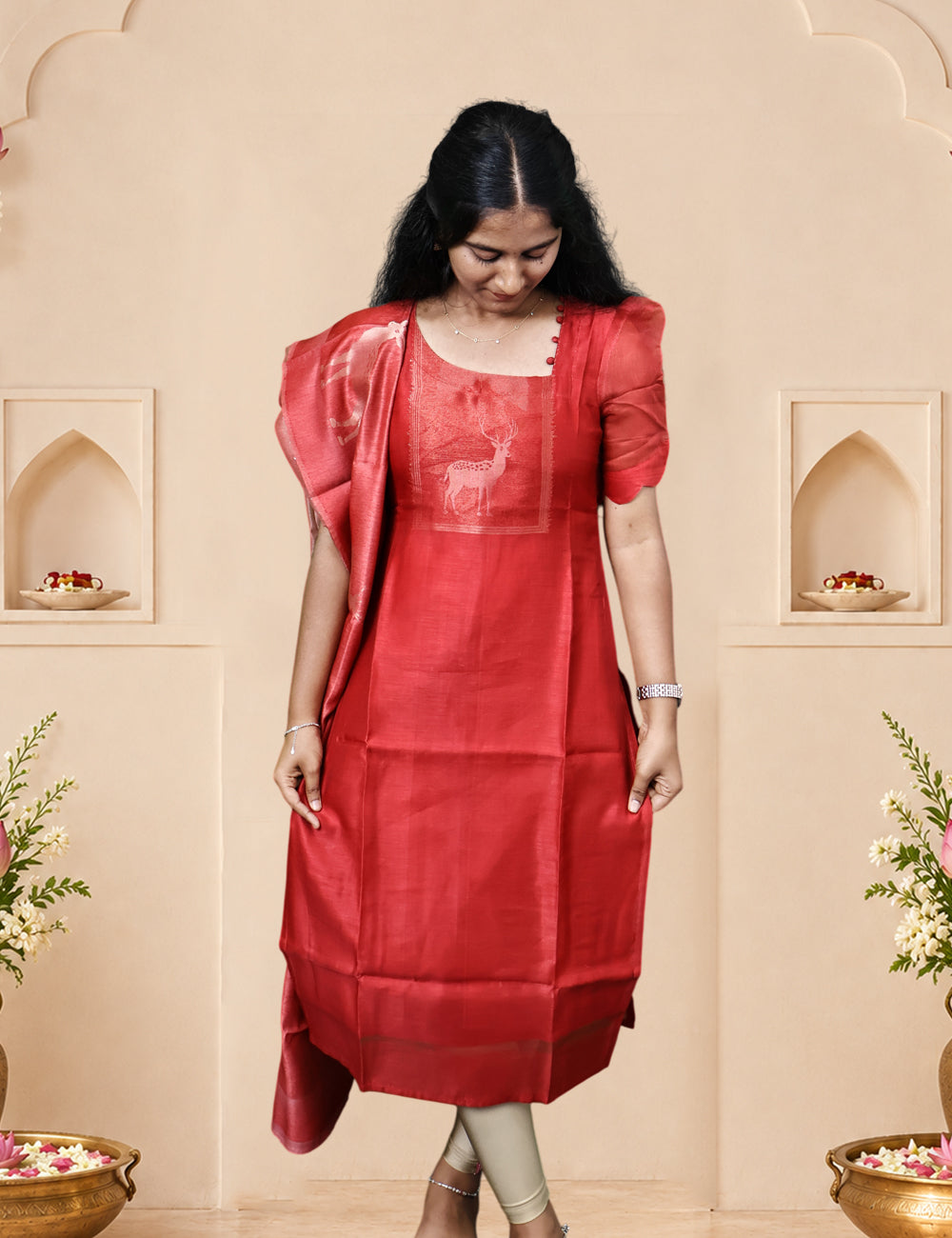 Red Deer Motif Kurti and Dupatta Set