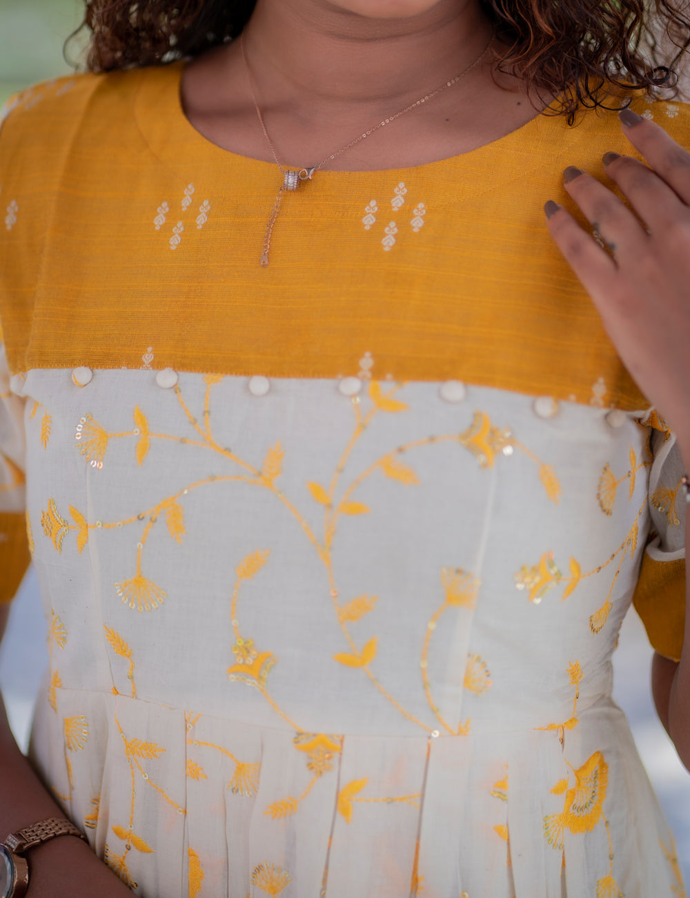 OFFWHITE ALLOVER YELLOW EMBROIDERED WITH MUSTARD RAWSILK OSHNI DRESS