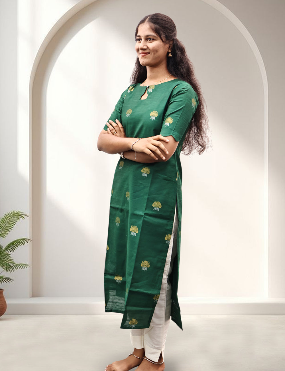 Green Lotus Motif Raw Silk Kurti Set