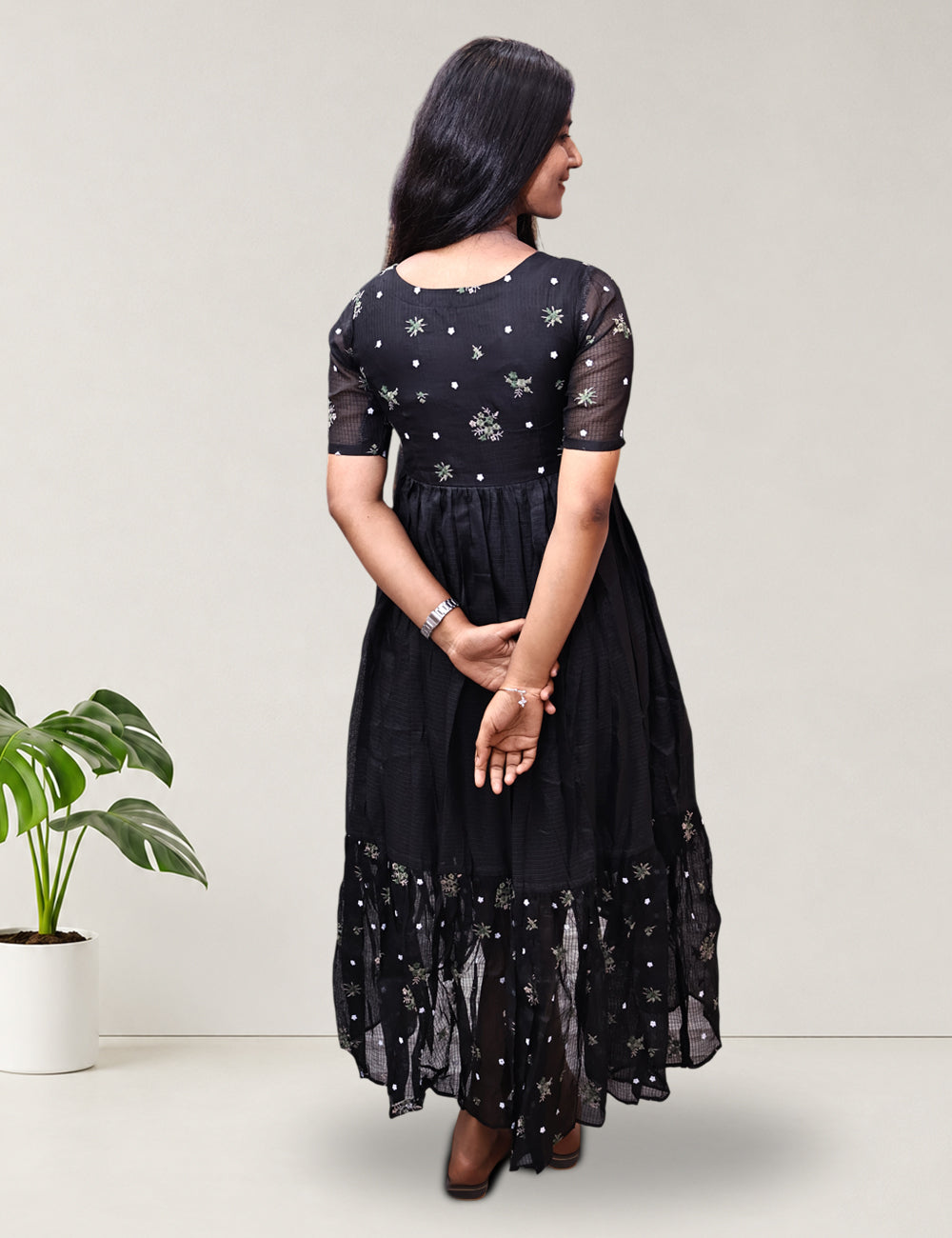 Black Embroidered Kota Flared Maxi Dress