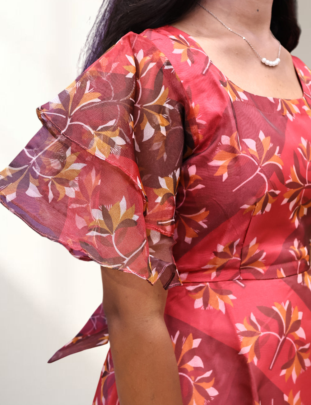 Red Floral Printed Organza Frock