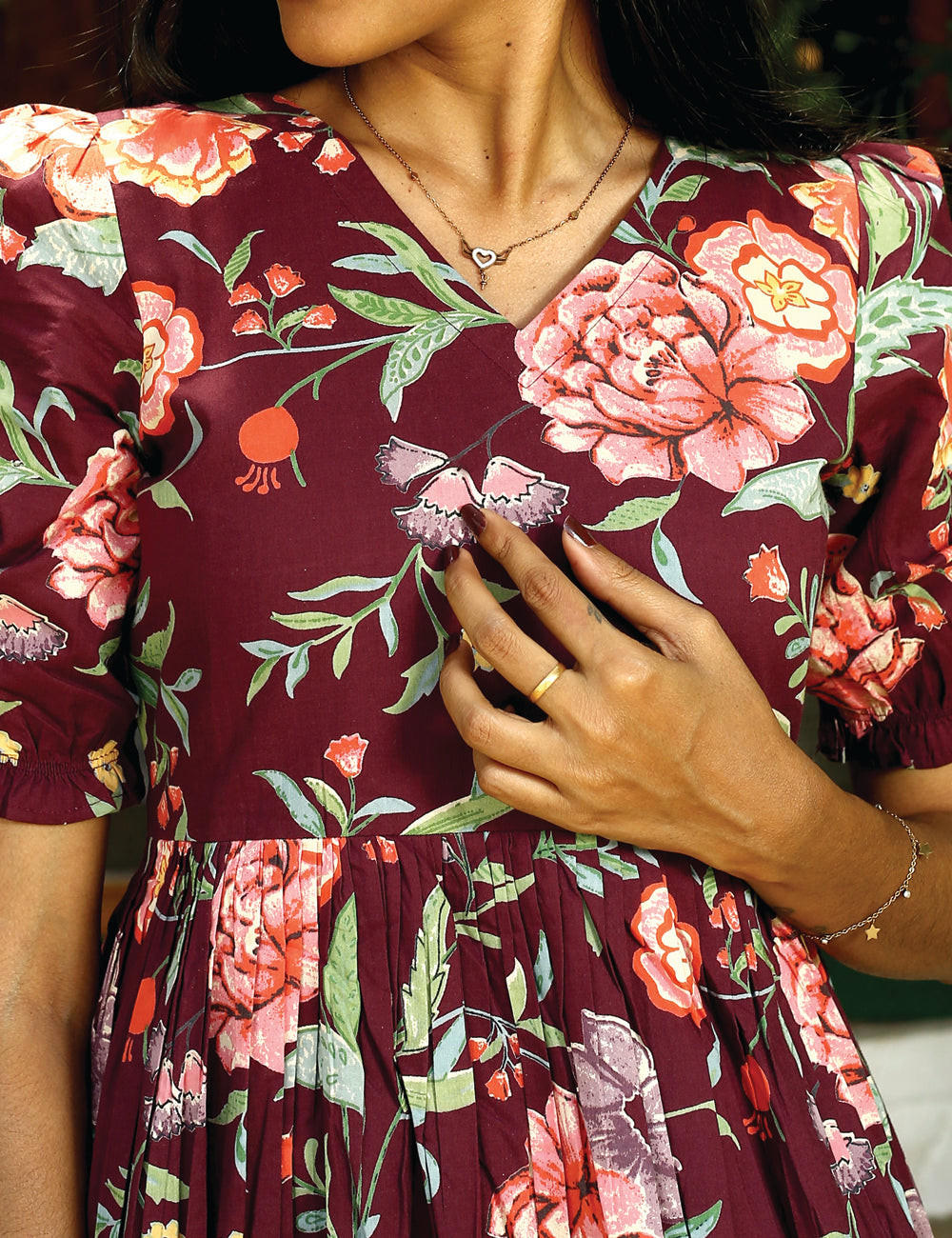 Maroon Roslyn Floral Cotton Maxi Dress for Women