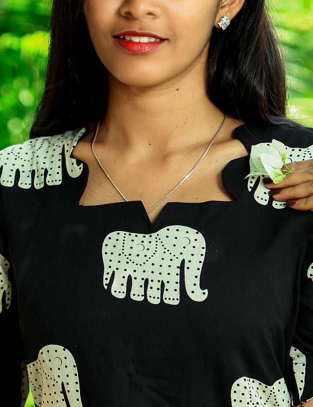 Black Elephant Print Cotton Maxi Dress for Women