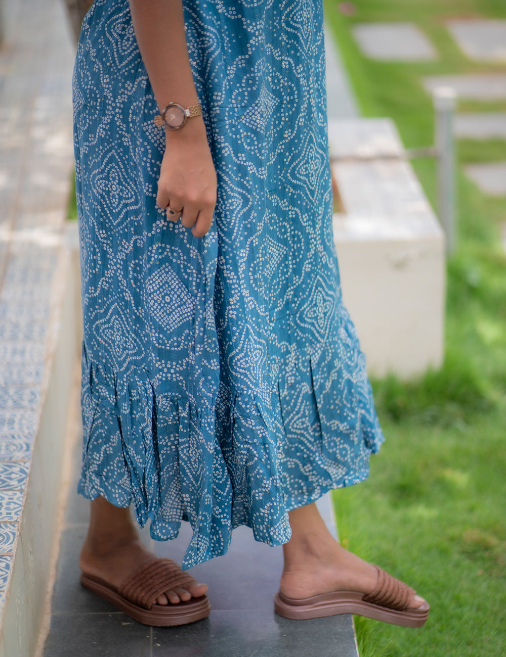 PEACOCK BLUE BANDHINI PRINTED V NECK THANU A-LINE MAXI