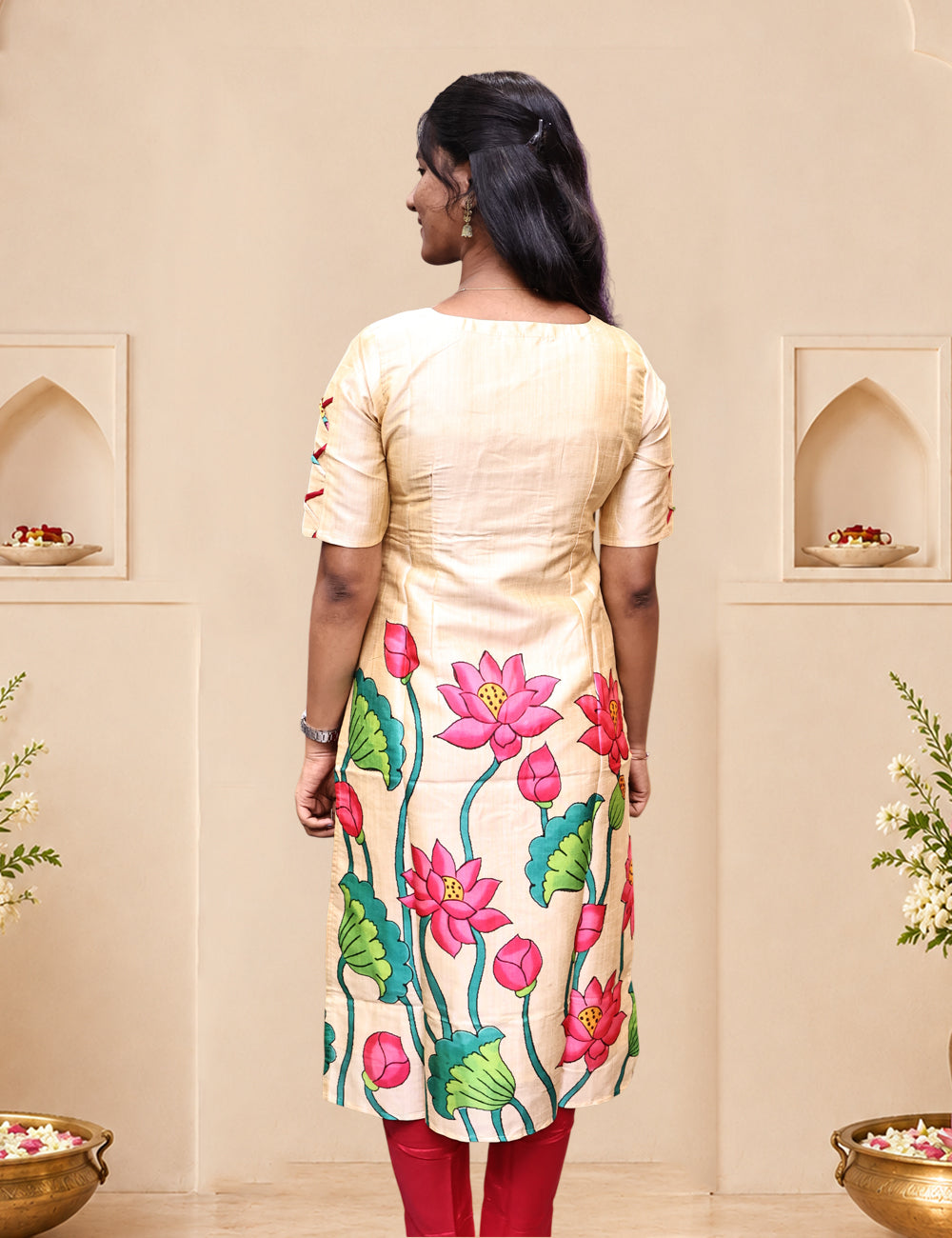 Cream & Pink Floral Silk Kurti 3-Piece Set with Dupatta