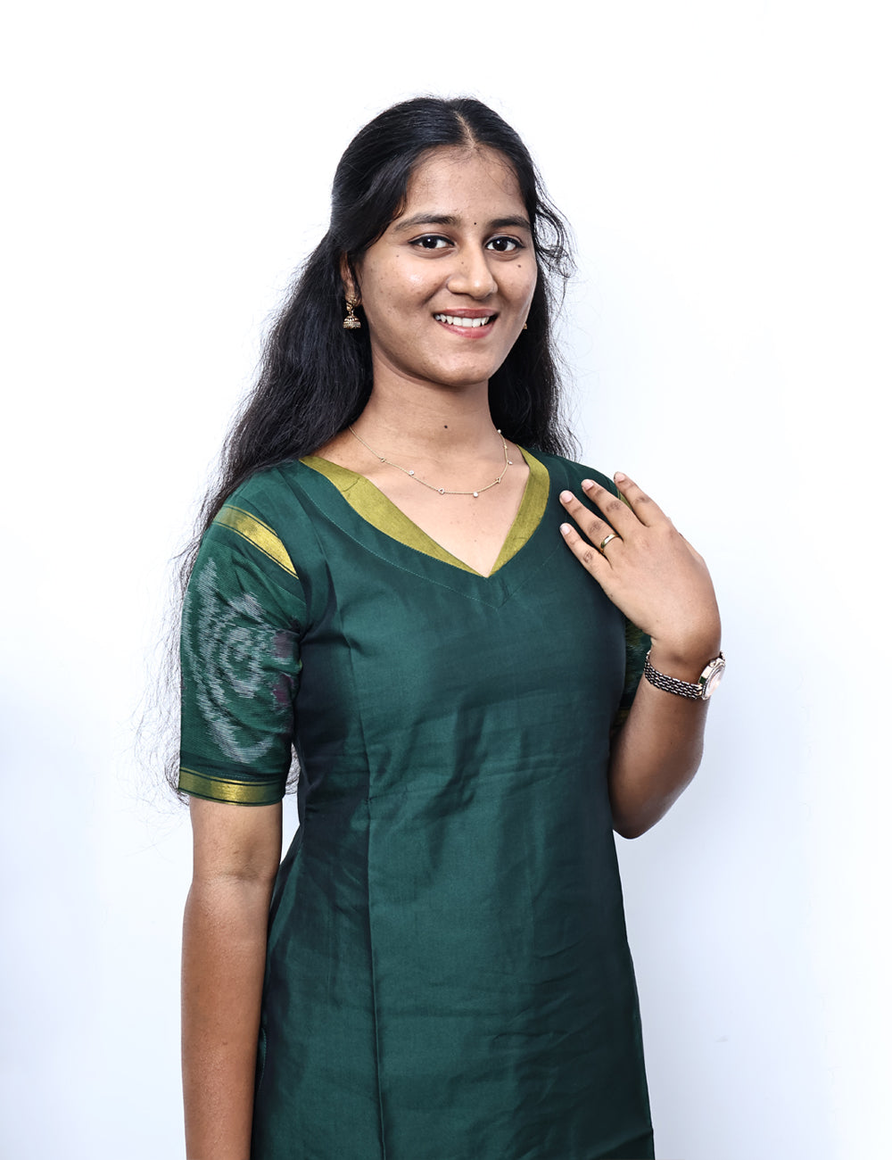 Green pochampally siko silk kurti set
