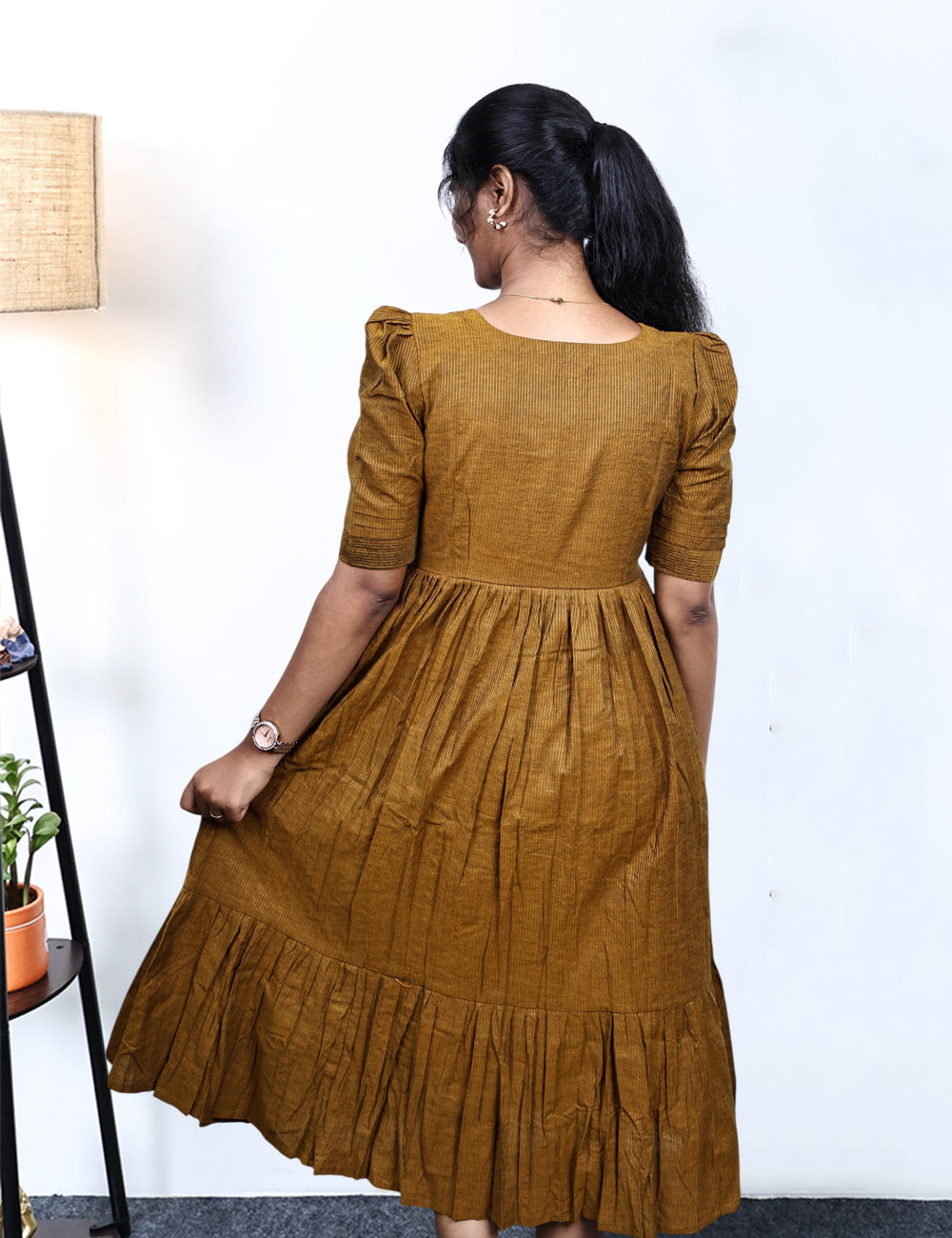 Mustard Cotton with Lurex Pinstripe Maxi Dress