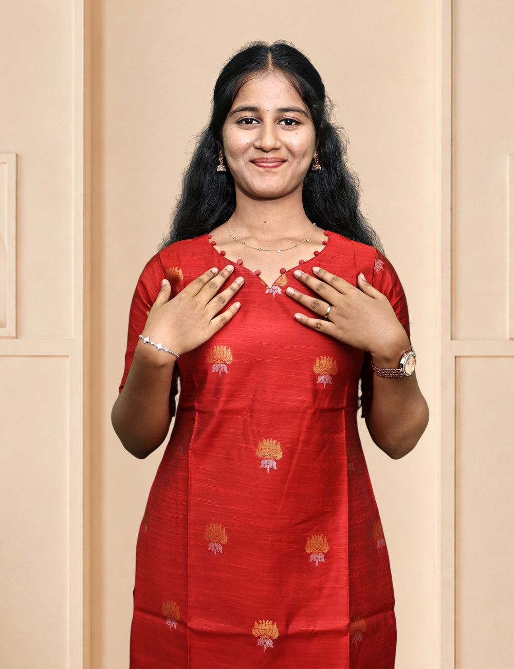 Red Raw Silk Kurti Set with Madhubani Printed Dupatta