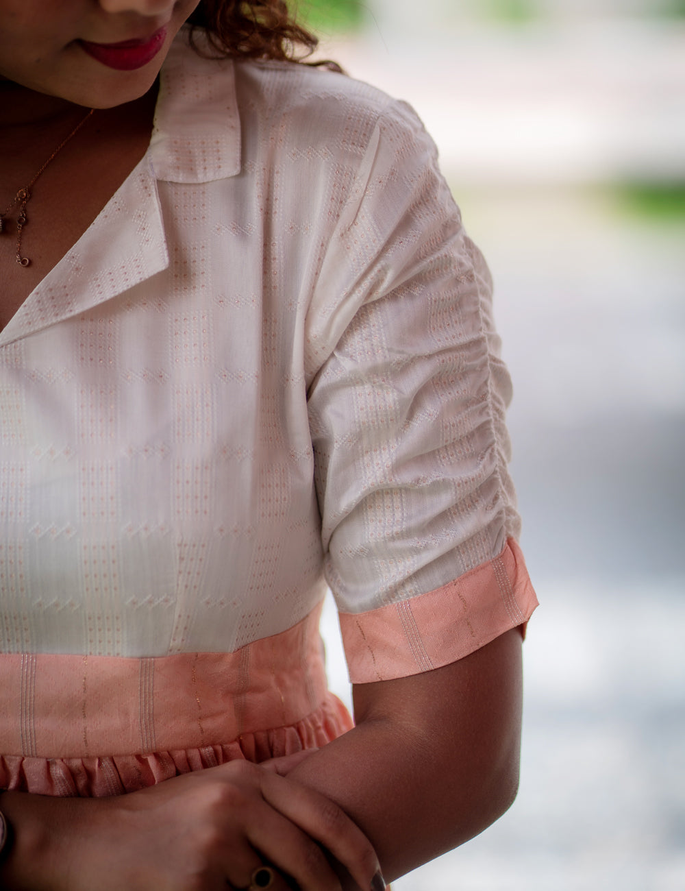 PEACH WITH OFF WHITE JAQUARD RIYAH MIDI DRESS