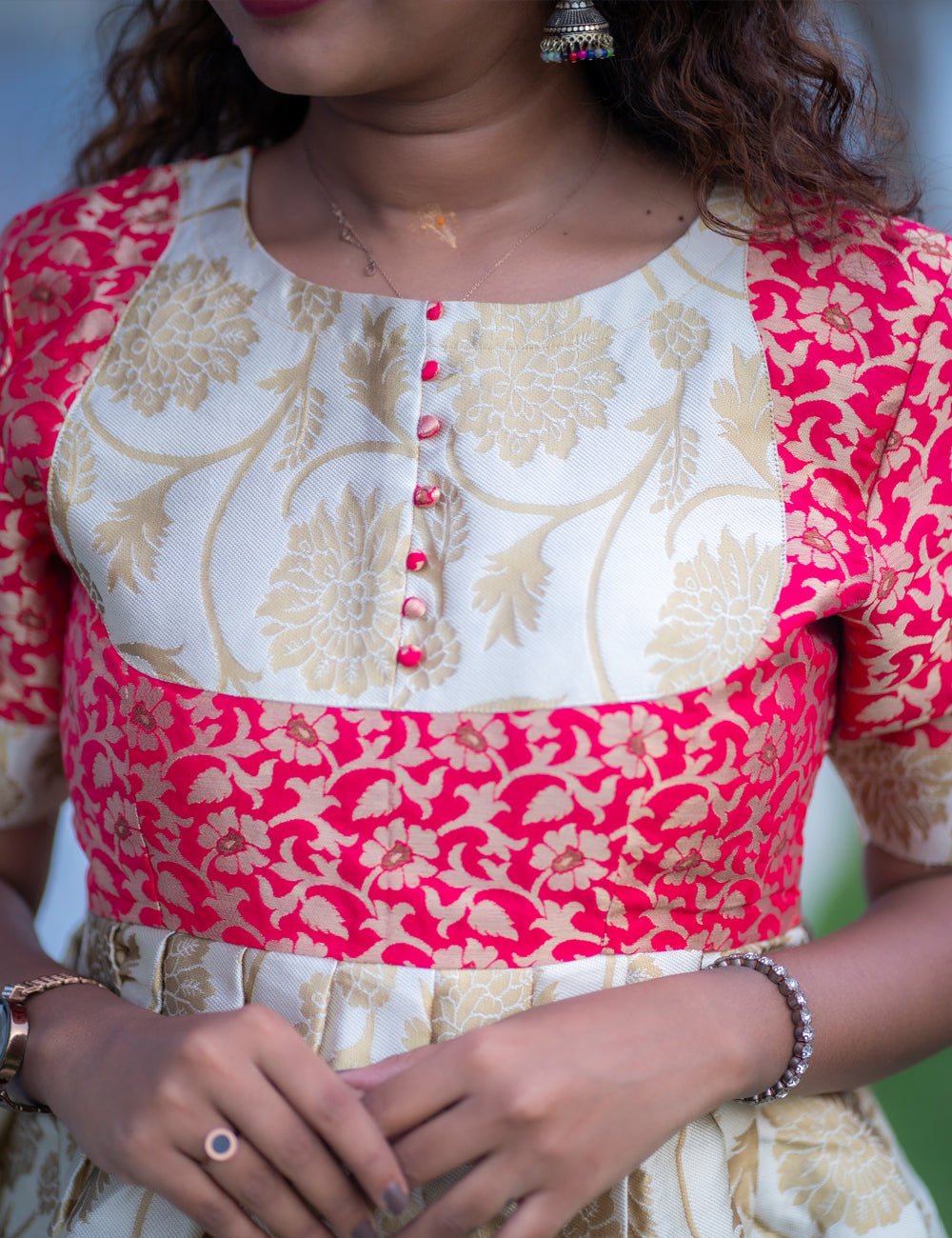CREAM WITH RED BANARASI SHINY FULL FROCK