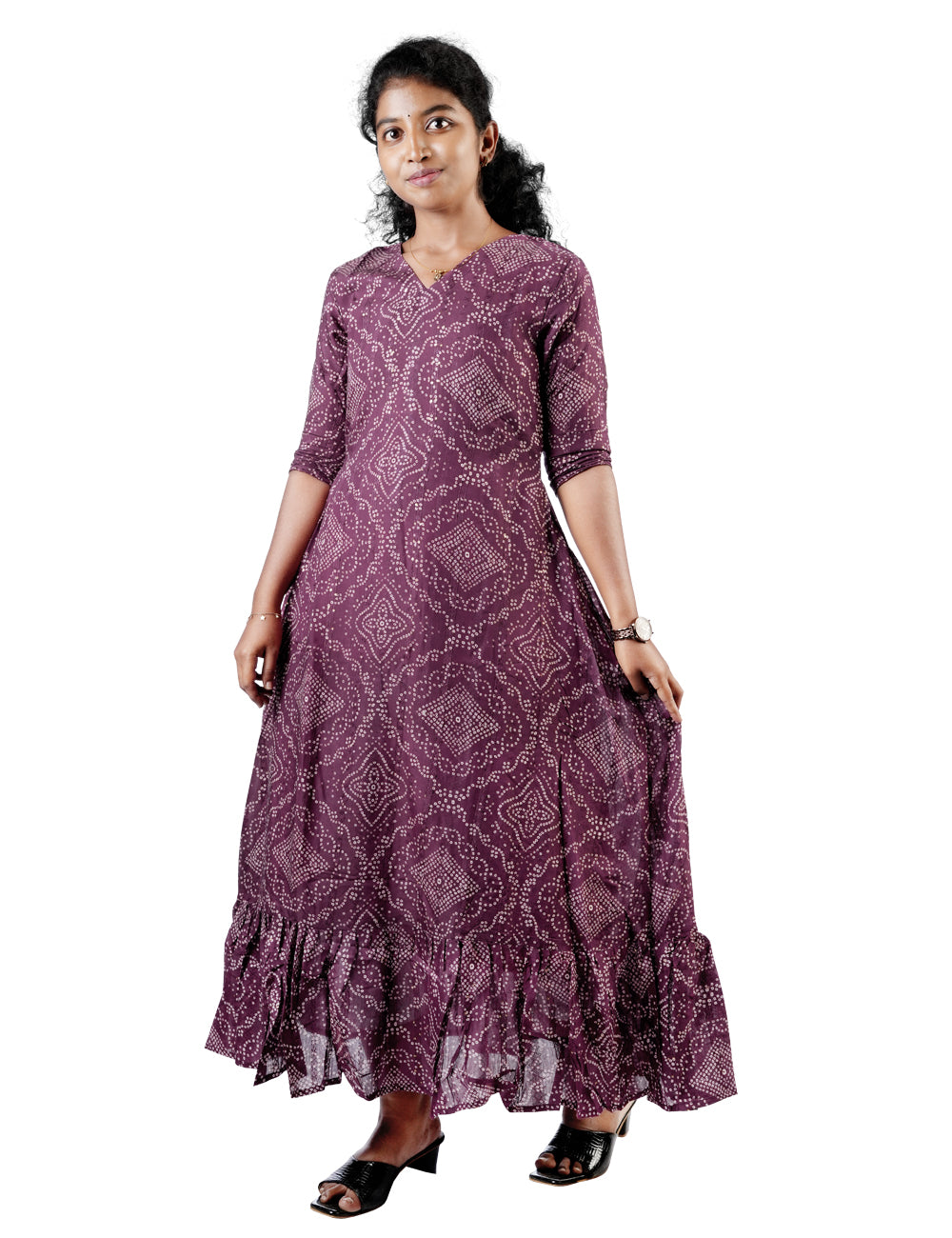 WINE COLOR PRINTED BANDHINI RENU A-LINE MAXI