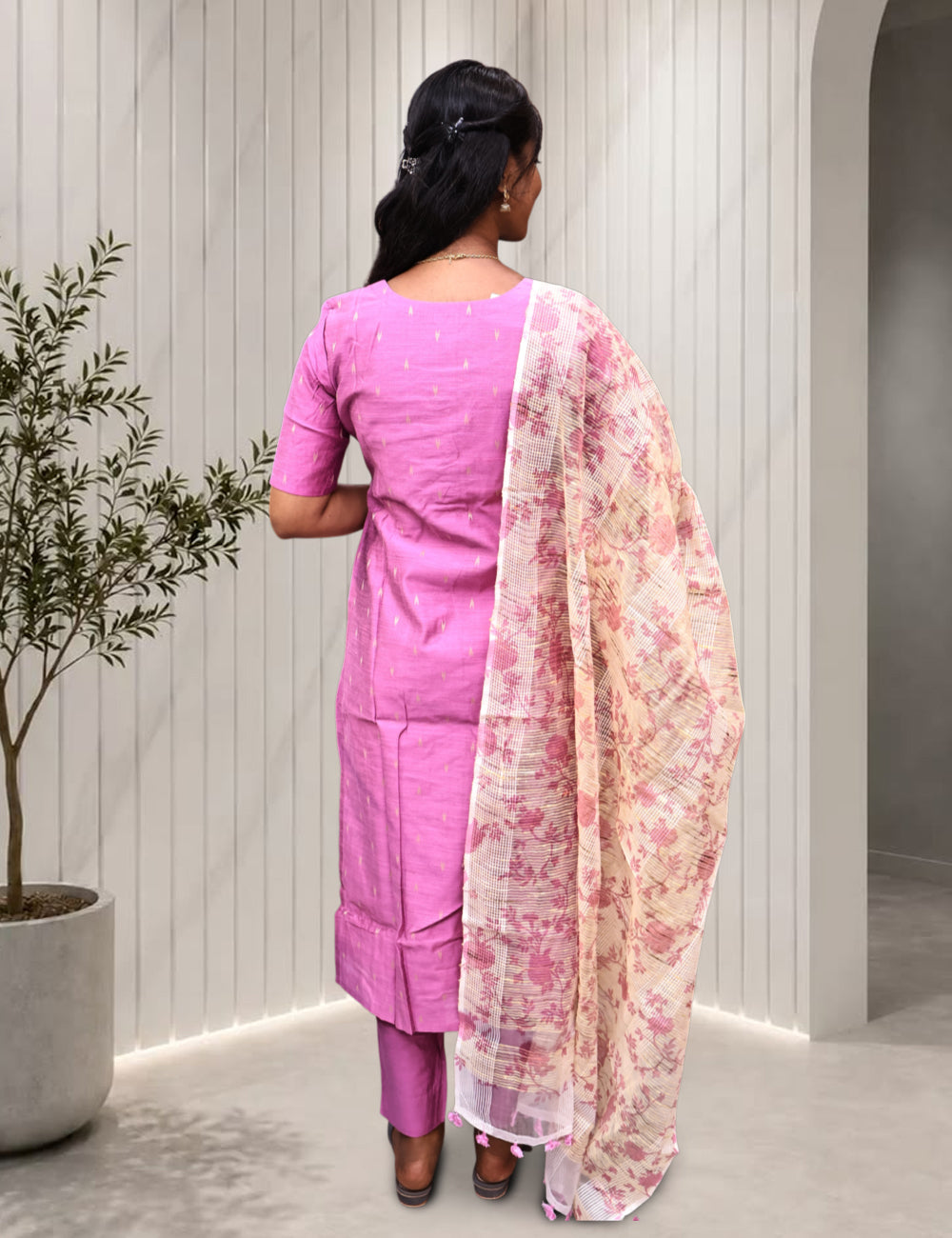 Baby Pink Raw Silk Kurti set with Kota Doria Dupatta