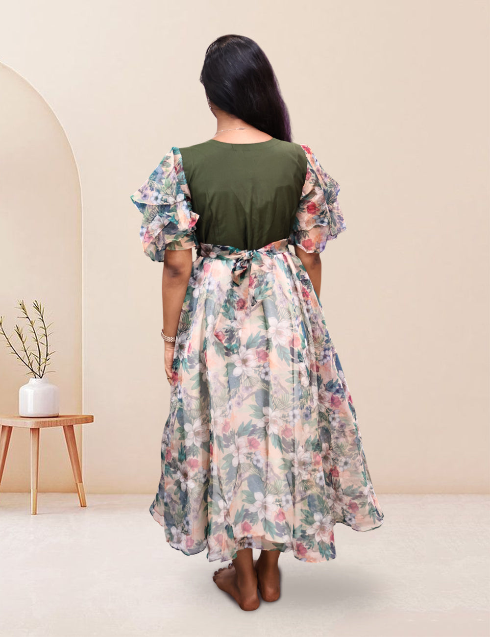 Olive Green & Floral Organza Flared Dress