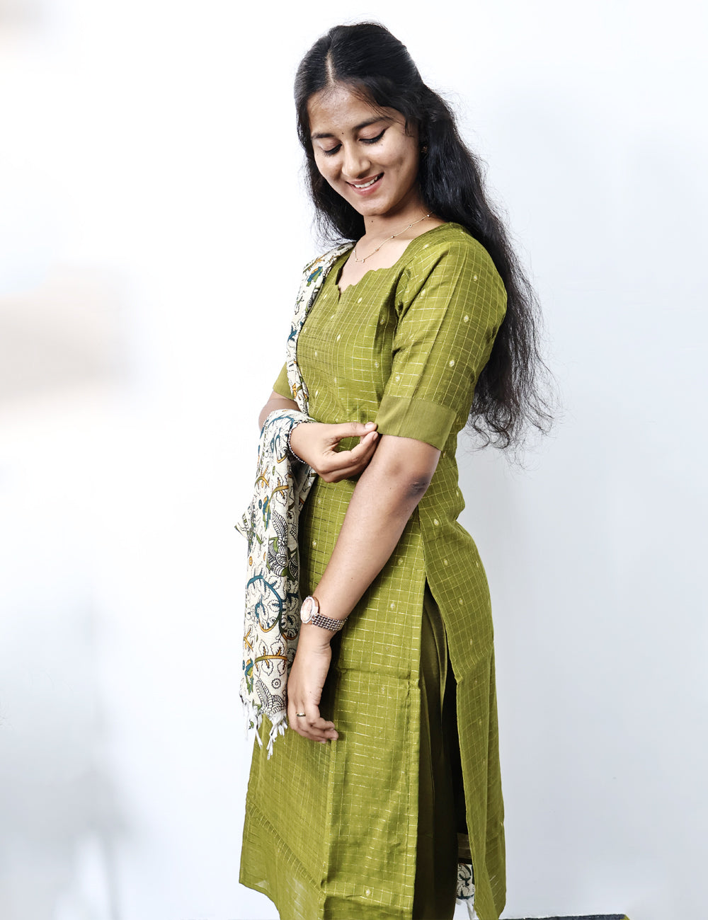 Olive Green Raw Silk Kurti Set with Printed Dupatta