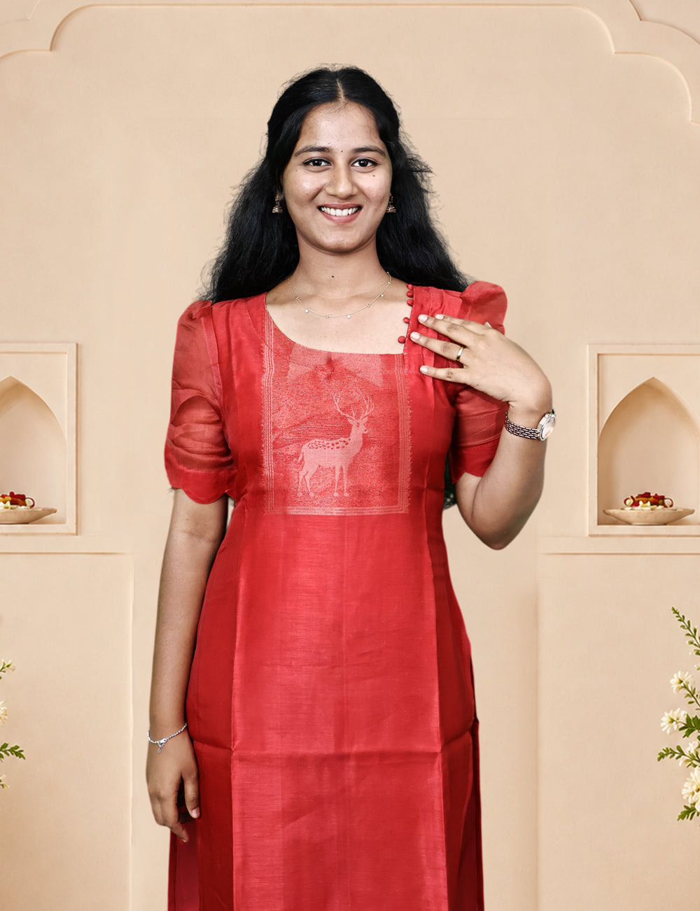 Red Deer Motif Kurti and Dupatta Set
