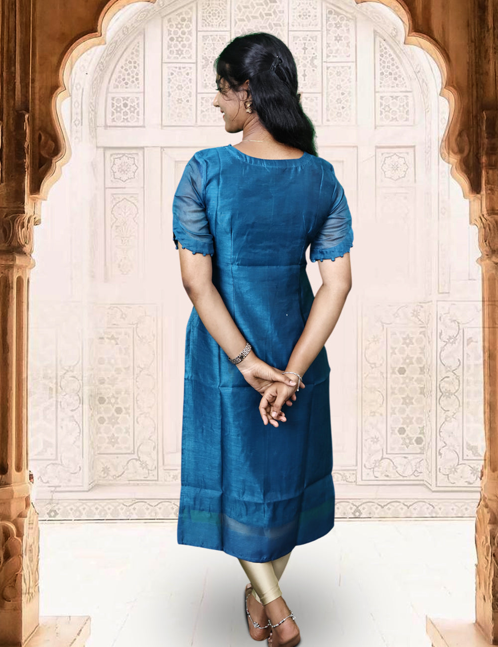 Teal Blue Deer Motif Kurti and Dupatta Set