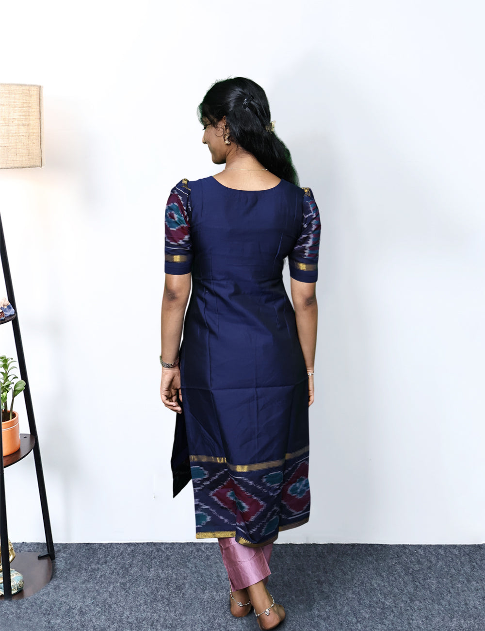 Navy Blue Pochampally Siko Silk Kurti Set with Pink Dupatta