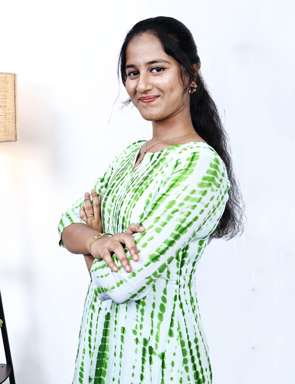 White / Green Tie-Dye A-line Kurti