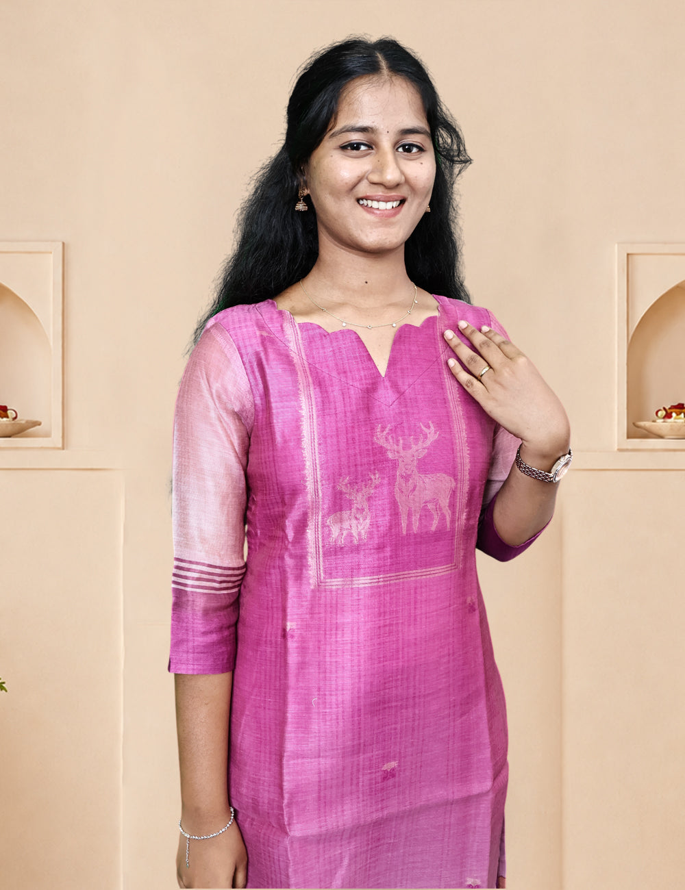 Mauve Deer Motif Kurti & Dupatta Set