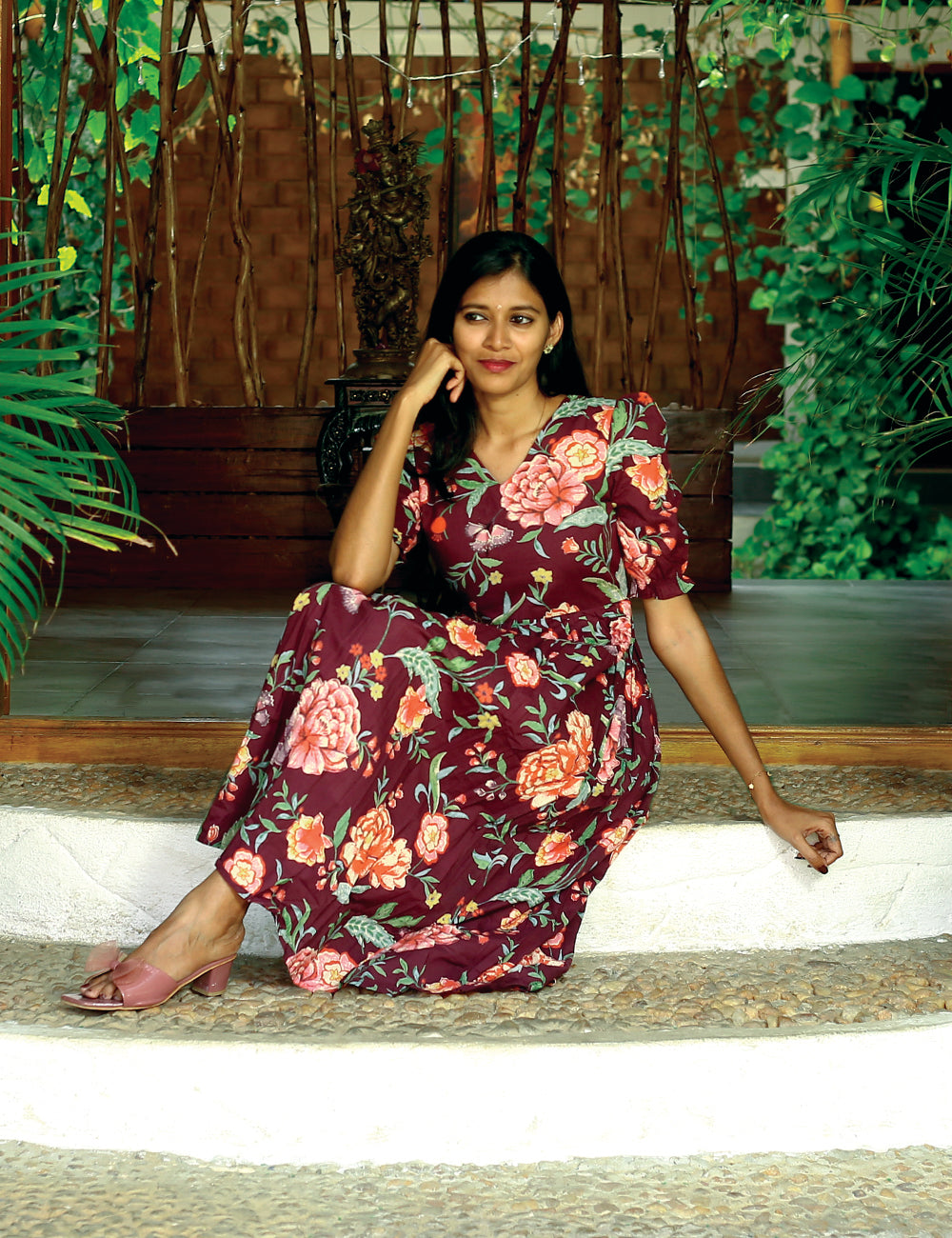 Maroon Roslyn Floral Cotton Maxi Dress for Women