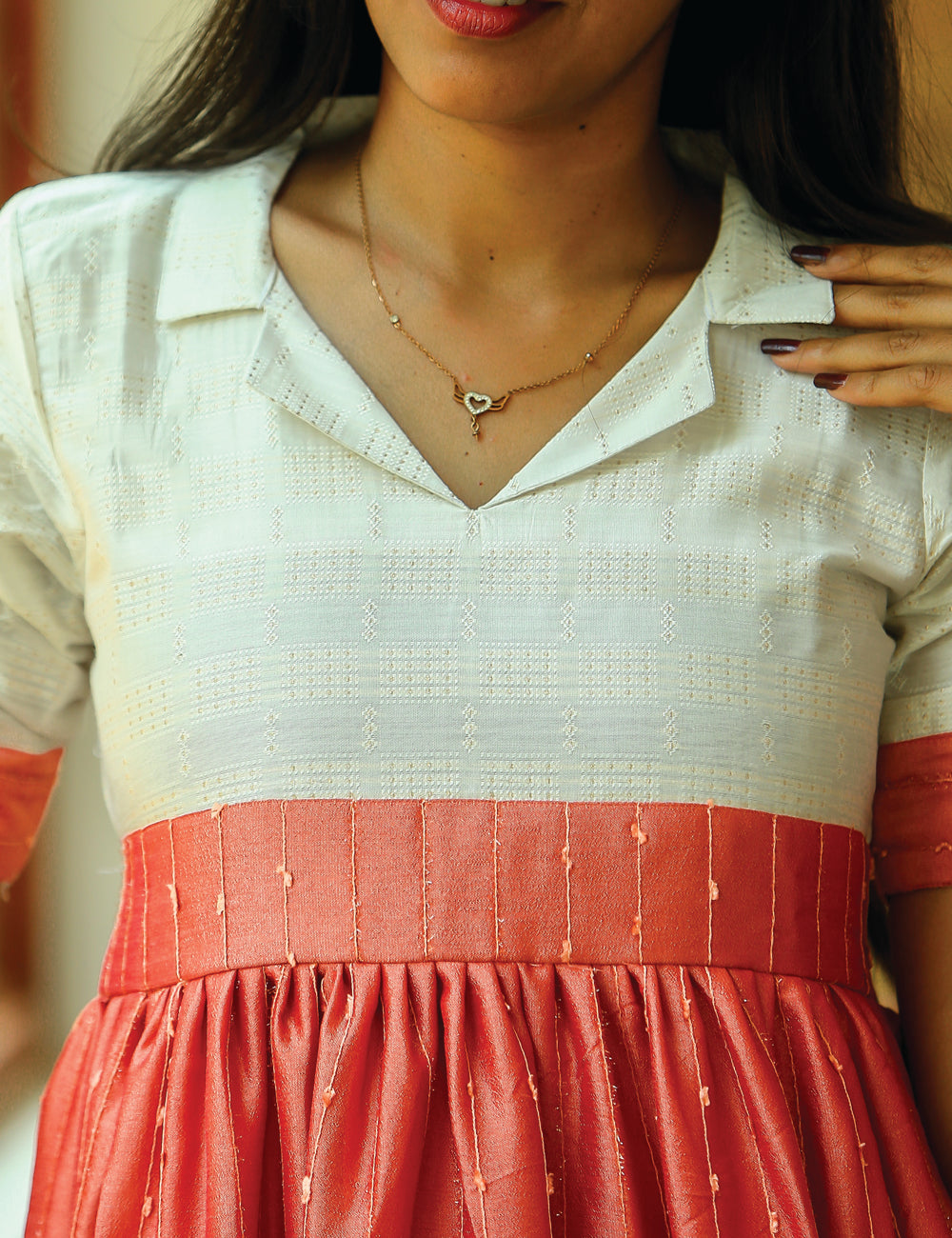 Anaya Two-Tone Coral & Cream Midi Dress for Women
