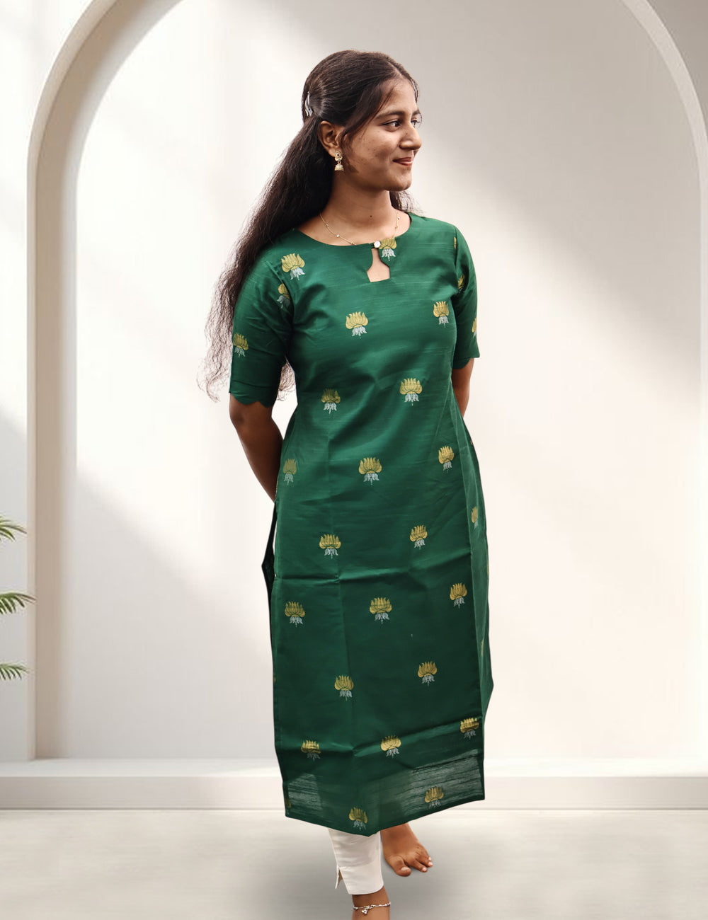 Green Lotus Motif Raw Silk Kurti Set