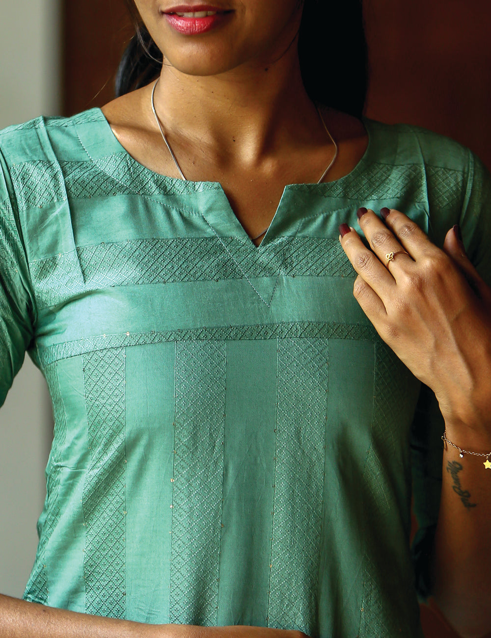 Serene Mint Green Jacquard A-Line Dress