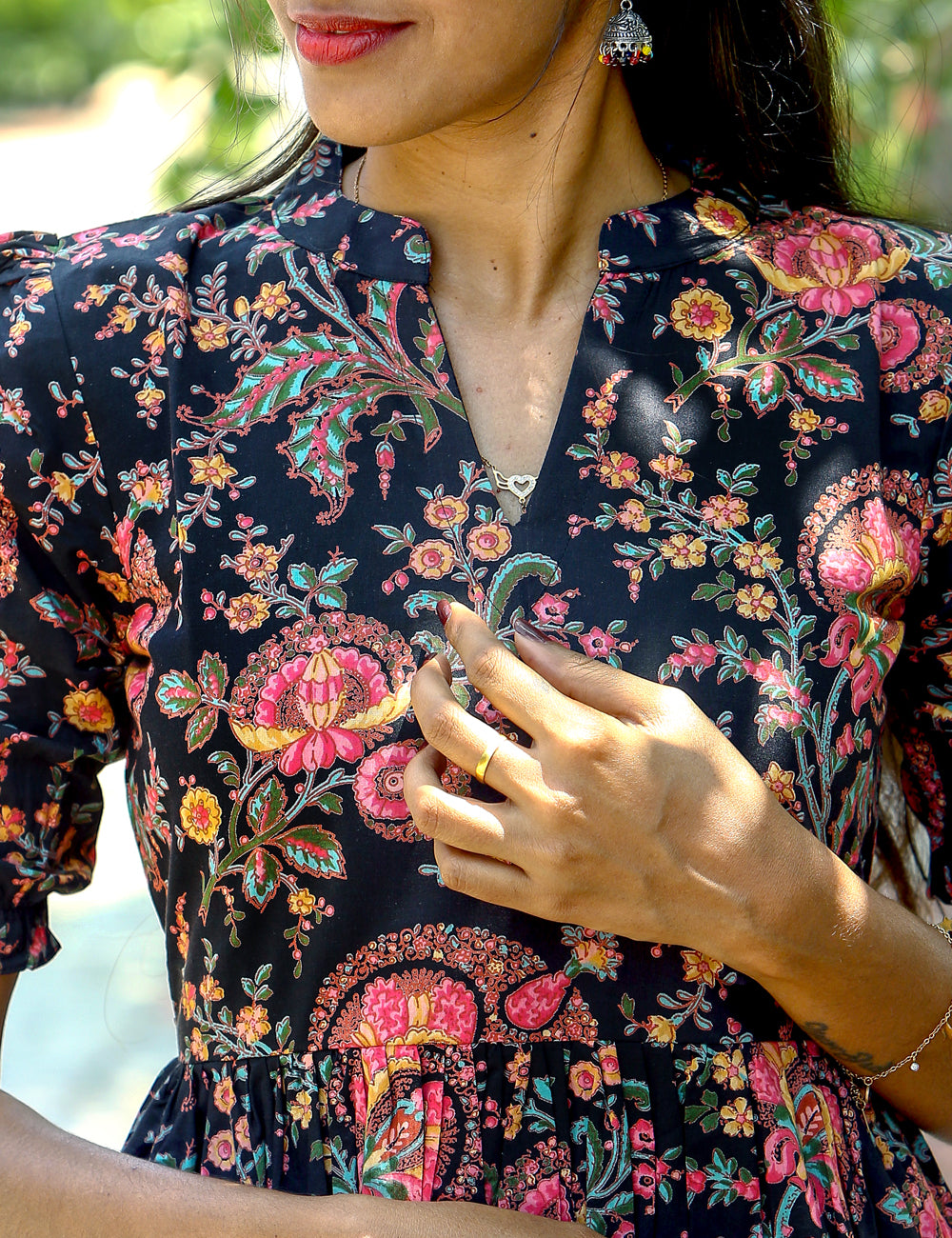 Black Nishika Floral Cotton Maxi Dress for Women