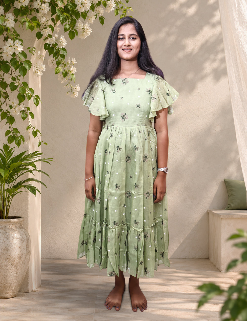Pista Green Floral Kota Cotton Maxi Dress