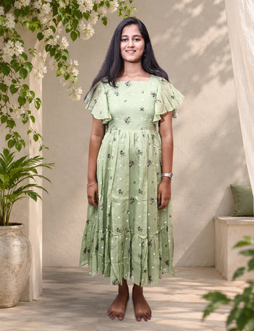 Pista Green Floral Kota Cotton Maxi Dress
