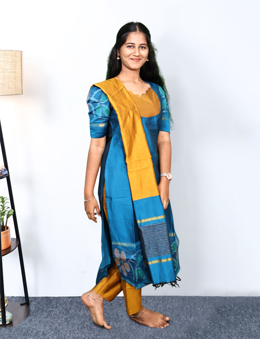 Teal blue Pochampally Siko Silk 3-Piece Kurti Set