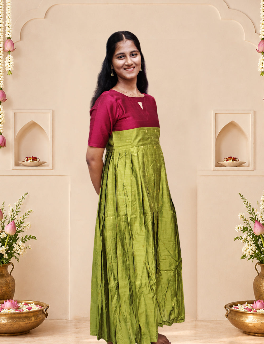 Leaf Green & Magenta Raw Silk Festive Frock