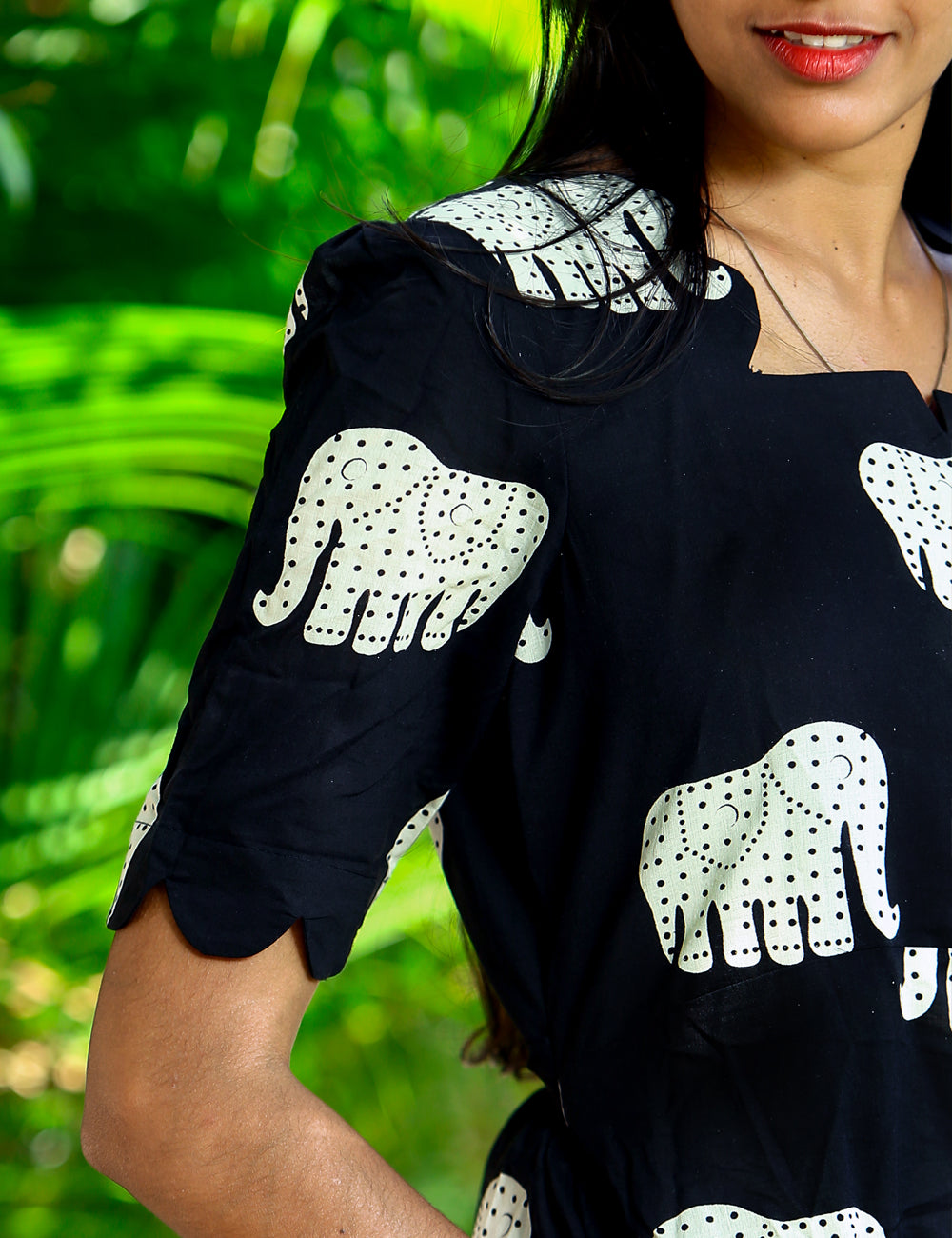 Black Elephant Print Cotton Maxi Dress for Women