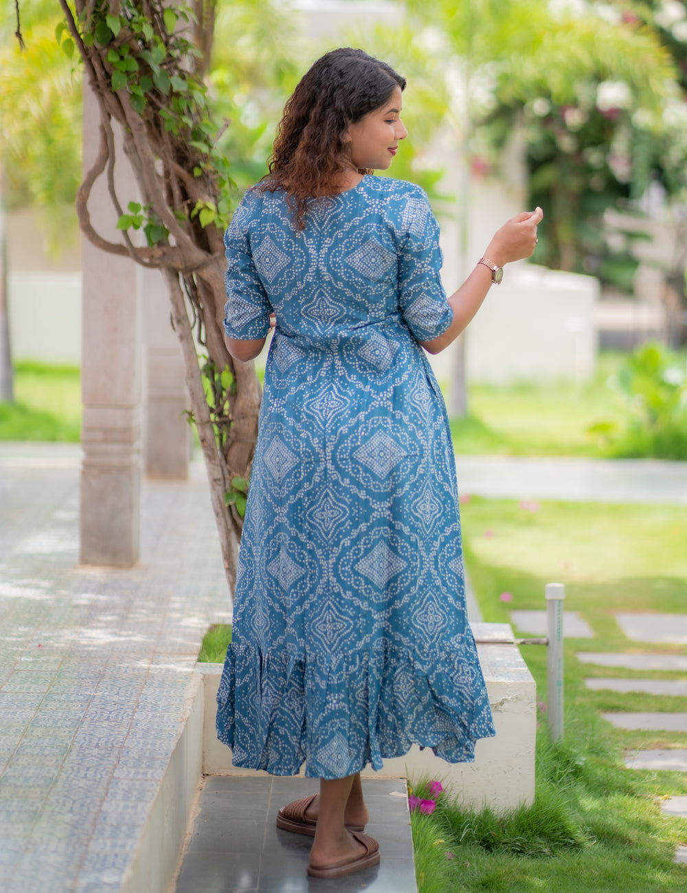 PEACOCK BLUE BANDHINI PRINTED V NECK THANU A-LINE MAXI