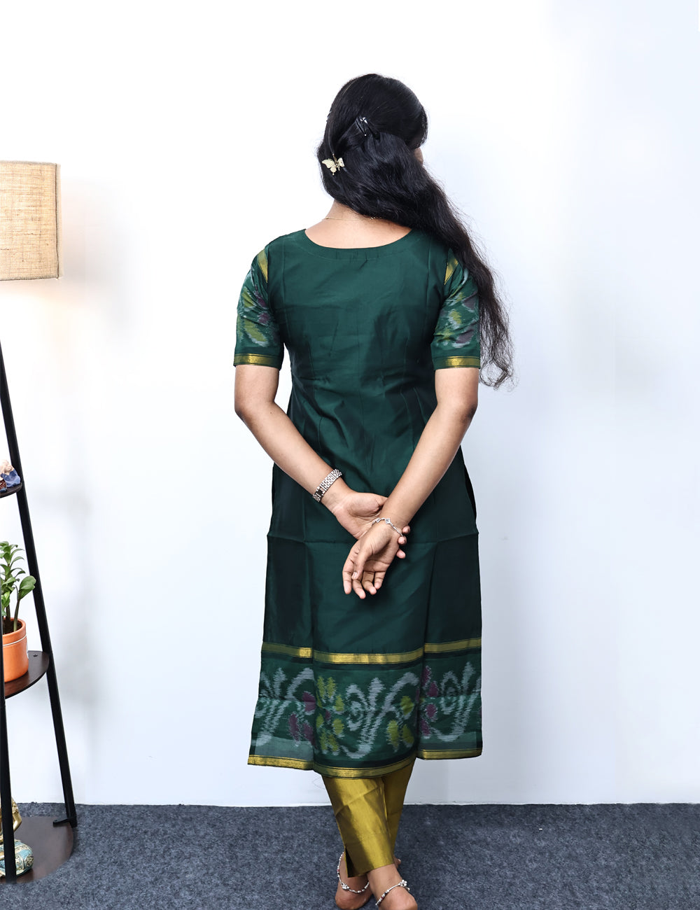 Green pochampally siko silk kurti set
