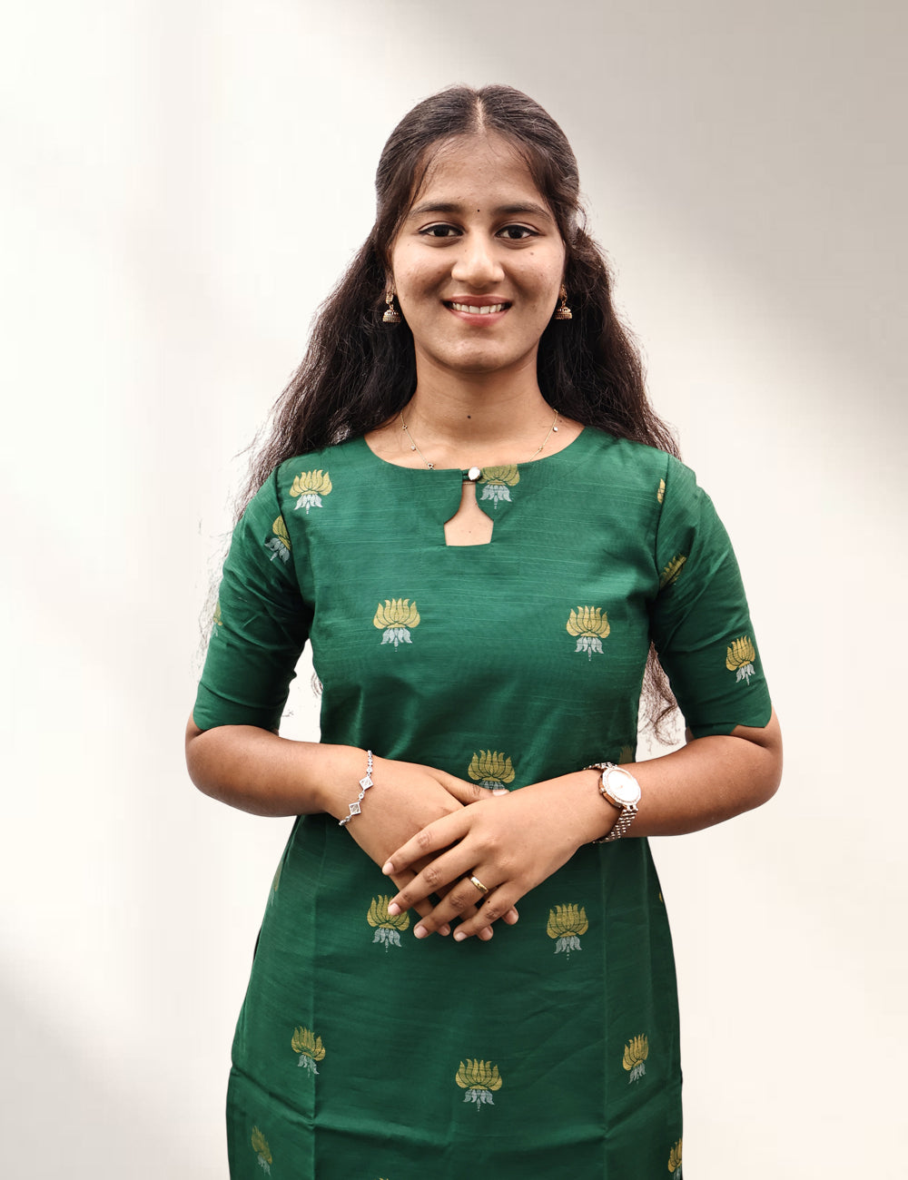Green Lotus Motif Raw Silk Kurti Set