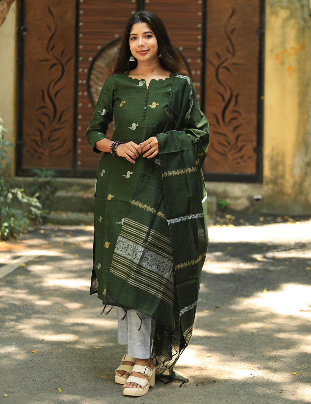 Dark Green Raw Silk Kurti Set with Woven Dupatta